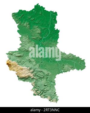Sachsen-Anhalt. État allemand (Land). Rendu 3D détaillé d'une carte en relief ombré, rivières, lacs. Coloré par l'altitude. Fond blanc pur. Banque D'Images