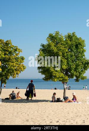 Touristes à l'ombre des arbres sur la plage de la mer Baltique à Sopot, Pologne, Europe, UE Banque D'Images