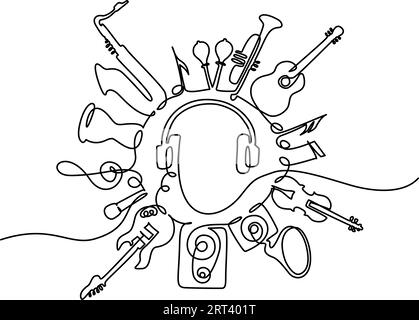 Instruments de musique de forme ronde avec casque au centre. Silhouettes isolées sur fond blanc. Dessin continu d'une ligne. Illustration vectorielle Illustration de Vecteur