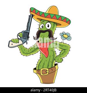 Personnage de cactus avec un revolver. Dessin animé Cactus mexicain Illustration de Vecteur