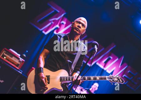 Horsens, Danemark. 12h, août 2023. Le groupe de rock canadien Danko Jones donne un concert live lors du festival de Metal danois Jailbreak 2023 à Horsens. Ici, le chanteur et guitariste Danko Jones est vu en direct sur scène. (Crédit photo : Gonzales photo - Rolf Meldgaard). Banque D'Images