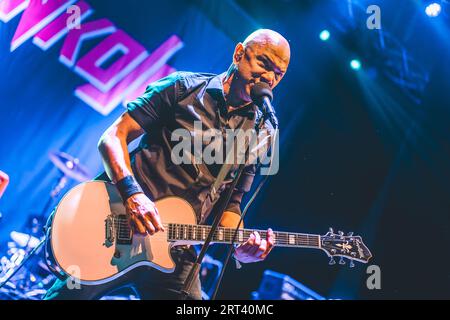 Horsens, Danemark. 12h, août 2023. Le groupe de rock canadien Danko Jones donne un concert live lors du festival de Metal danois Jailbreak 2023 à Horsens. Ici, le chanteur et guitariste Danko Jones est vu en direct sur scène. (Crédit photo : Gonzales photo - Rolf Meldgaard). Banque D'Images