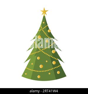 Sapin de Noël. Nouvel an et Noël arbre symbole traditionnel avec guirlandes, boules et étoile. Illustration vectorielle plate isolée sur fond blanc. Illustration de Vecteur