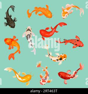 Poisson koi. Poisson japonais botanique, carpes de lac de jardin. Poisson rouge décoratif, animaux sous-marins style asiatique. Éléments orientaux de l'eau, vecteur nowaday Illustration de Vecteur