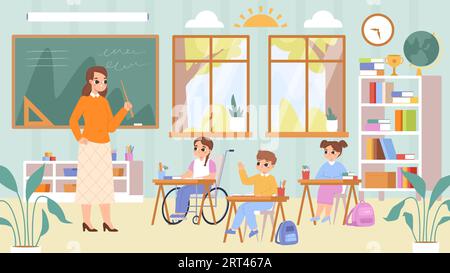 Etudier inclusif à l'école. Enfant handicapé en apprentissage en fauteuil roulant en classe avec enseignant et amis. Scène vectorielle de l'éducation à l'inclusion Illustration de Vecteur