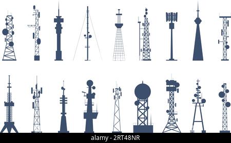 Silhouettes de tour d'antenne isolées, cellule 5g et équipement de signal GSM. Tours Internet de communication, télécom ou radio plat icônes vectorielles récentes Illustration de Vecteur