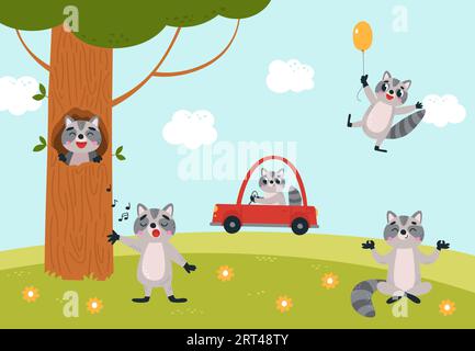 Les ratons laveurs de dessins animés reposent sur le pré. Drôle de raton laveur conduisant la voiture, ballon volant et chanter. Animaux des bois, emplacement de vecteur classe de nature enfantine Illustration de Vecteur