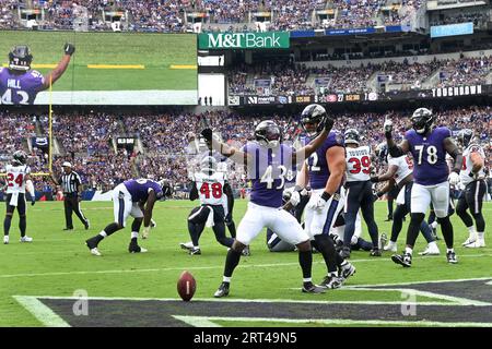 Baltimore, États-Unis. 10 septembre 2023. Le juge Hill (43) marque contre les Texans de Houston lors d'une course de 2 yards lors de la deuxième moitié du match d'ouverture à domicile des Ravens de Baltimore au M&T Bank Stadium de Baltimore, Maryland, le dimanche 10 septembre 2023. Baltimore a gagné 25-9. Photo de David Tulis/UPI crédit : UPI/Alamy Live News Banque D'Images