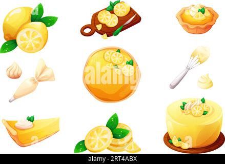 Tarte au citron. Tartes éponge au citron, tranche de gâteau de dessin animé avec des fruits tropicaux frais, tarte au fromage tarte aux agrumes meringue pâtisseries d'automne desserts de café pour anniversaire, illustration vectorielle garish Illustration de Vecteur