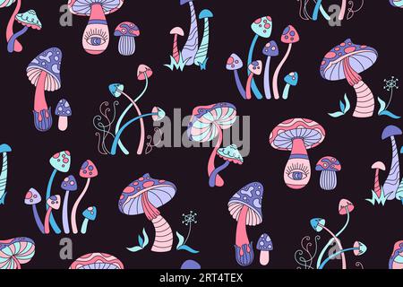 Mushrooms stylise hippie Retro Seamless motif. Champignons abstraits psychédéliques toxiques style de fond sans fin des années 70 Magie vibrante seventies fantastique champignon répéter ornement hippy surréaliste Illustration de Vecteur