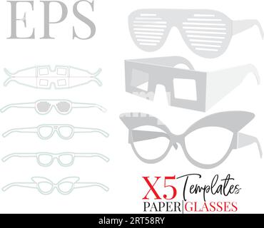 Modèle de lunettes de fête, vecteur avec découpe, couches découpées au laser. Lunettes de chat maquette, lunettes de papier. Couper et plier. Blanc, blanc, parti isolé Illustration de Vecteur