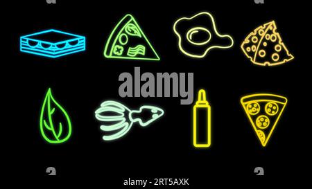 Ensemble multicolore lumineux de néon de huit icônes de délicieux aliments et collations pour le café-bar restaurant : sandwich, pizza, œuf, fromage, légumes verts, Illustration de Vecteur