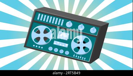 Enregistreur de bande de musique audio rétro vieux vintage avec bobines de bande magnétique hipster pour les geeks des années 70, 80, 90s sur fond bleu de rayons abstraits. Banque D'Images