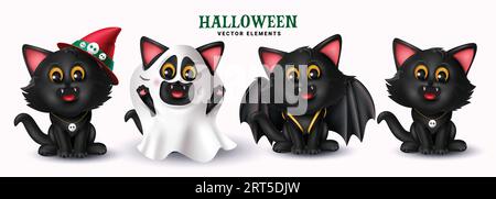 Halloween chaton noir set Vector design. Dessin animé d'animal de compagnie de chat Halloween dans les éléments de décoration de costume de fantôme et de sorcière isolés dans le fond blanc. Illustration de Vecteur