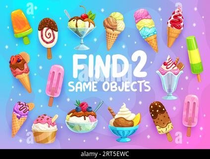 Trouvez deux mêmes glaces de dessin animé gelato, sundae et jus de fruit glace pop, quiz de puzzle vectoriel. Bâton de chocolat à la crème glacée et boules de vanille dans les cônes pour la feuille de travail de jeu d'enfants pour trouver et faire correspondre la même image Illustration de Vecteur