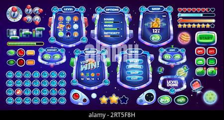 Interface de jeu spatial de galaxie de dessin animé. Boutons de jeu, éléments d'interface graphique, actif de jeu d'interface utilisateur des écrans vectoriels de menu. Barres d'état de vaisseau spatial, panneaux et boutons avec planètes, pièces de monnaie, étoiles, OVNI et personnages extraterrestres Illustration de Vecteur