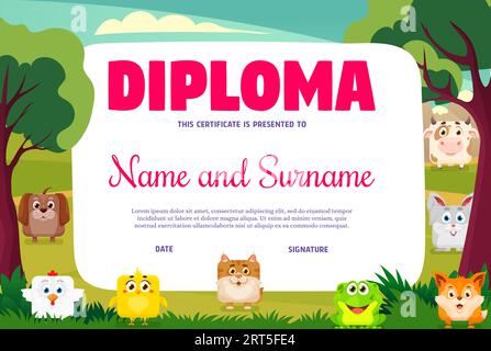 Diplôme d'enfants avec des visages carrés d'animaux ou zoo de dessins animés, fond de certificat d'éducation vectorielle. Chien drôle, vache de ferme et chat avec poulet ou grenouille avec renard dans la forêt pour la maternelle ou le diplôme d'école Illustration de Vecteur
