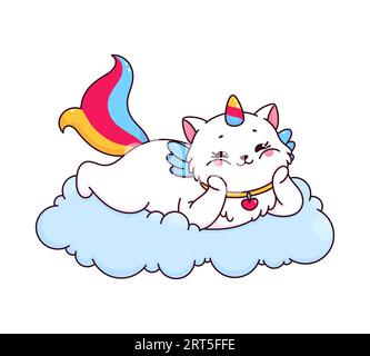 Dessin animé mignon chat de caticorne et personnage de chaton. Mascotte de vecteur enfantin isolée de chaton de Caticorn. Licorne chat personnage comique ou animal fantastique personnage heureux couché et rêvant sur le nuage Illustration de Vecteur