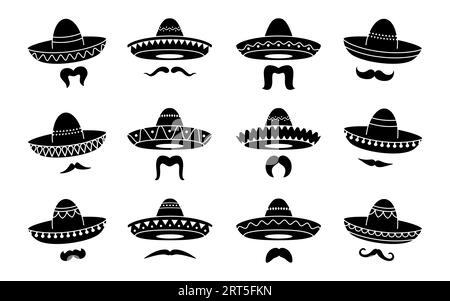 Icônes de chapeau mariachi sombrero mexicains noirs et moustaches. Charro vectoriel, casquettes de cow-boy ou de musicien et signes whisker représentant la culture, le folklore et les traditions du Mexique. Éléments festifs monochromes Illustration de Vecteur