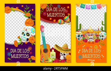 Mexican dia de los muertos vacances modèles de médias sociaux bannières, jour de la mort. Cadres vectoriels avec crâne de sucre, souci, guitare et chapeau sombrero. Tequila, maracas, autel et papel drapeaux picado Illustration de Vecteur