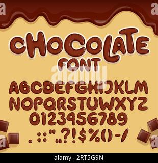 Police chocolat, type de bonbons, police de caractères chocolat brun, lettres et chiffres de l'alphabet anglais savoureux, typographie vectorielle. La police abc de la nourriture de dessert sucrée avec des gouttes de chocolat noir fondues de dessin animé et des barres de chocolat noir Illustration de Vecteur