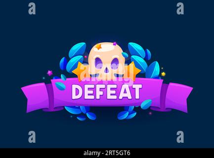 Battez le badge ou le bouclier du jeu, la bannière ui avec le crâne humain, le ruban violet, les étoiles et la couronne de Laurier. Échec, notification de dépassement de jeu pour l'utilisateur, élément pop-up isolé motivant les joueurs à surmonter le défi Illustration de Vecteur
