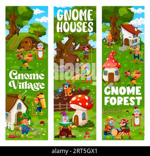 Personnages de gnome de dessin animé et d'elfe au village de conte de fées. Bannières verticales ou affiches vectorielles avec des maisons de créatures féériques et des habitations, des gnomes drôles ou des personnages hobbits travaillant à la ferme et au jardin Illustration de Vecteur