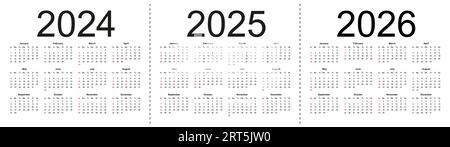 Calendriers vectoriels modifiables simples pour l'année 2024 2025 2026. La semaine commence à partir du dimanche. Illustration vectorielle isolée sur fond blanc. Illustration de Vecteur
