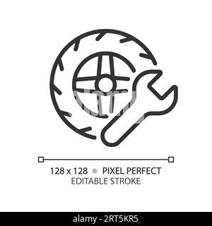 Icône de réparation de roue noire à ligne mince personnalisable 2D. Illustration de Vecteur