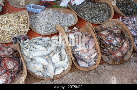 Poisson séché dans un panier en osier à vendre, marché aux poissons du matin, Myanmar (Birmanie). Poisson salé séché vendu au marché traditionnel des poissons de rue, Asie Banque D'Images