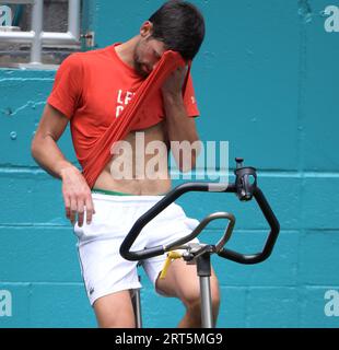 MIAMI GARDENS, FL - 18 MARS : Novak Djokovic sur le terrain d'entraînement avant le début du tournoi de tennis ouvert de Miami au Hard Rock Stadium. Novak Djokovic est un joueur de tennis professionnel serbe qui est actuellement classé n ° 1 du monde du tennis simple masculin par l'Association of tennis Professional le 18 mars 2019 à Miami Gardens, en Floride. Personnes : Novak Djokovic Banque D'Images