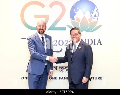 230910 -- NEW DELHI, le 10 septembre 2023 -- le premier ministre chinois Li Qiang rencontre le président du Conseil européen Charles Michel en marge du sommet du G20 à New Delhi, en Inde, le 10 septembre 2023. INDE-NEW DELHI-CHINE-LI QIANG-RÉUNION DU PRÉSIDENT DU CONSEIL EUROPÉEN YAOXDAWEI PUBLICATIONXNOTXINXCHN Banque D'Images