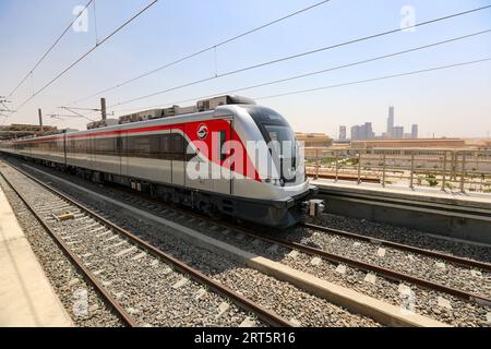 230910 -- NEW DELHI, le 10 septembre 2023 -- Un train est vu lors d'un essai de fonctionnement du système de transport léger sur rail, qui a été construit conjointement par des entreprises chinoises et égyptiennes, à l'est du Caire, en Égypte, le 3 juillet 2022. Xinhua Headlines : avec l'entrée de l'UA, le G20 élargit la coopération et les opportunités de développement dans le Sud mondial SuixXiankai PUBLICATIONxNOTxINxCHN Banque D'Images