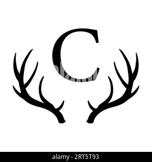 Monogramme de lettre C majuscule avec bois de cerf sur fond blanc. Illustration isolée. Banque D'Images