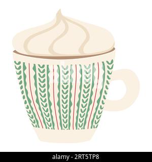 Tasse de chocolat chaud avec de la crème fouettée, tricoter décoration sur la tasse. Modèle pour la conception confortable d'automne ou d'hiver. Illustration de dessin animé plat de vecteur isolé. Illustration de Vecteur