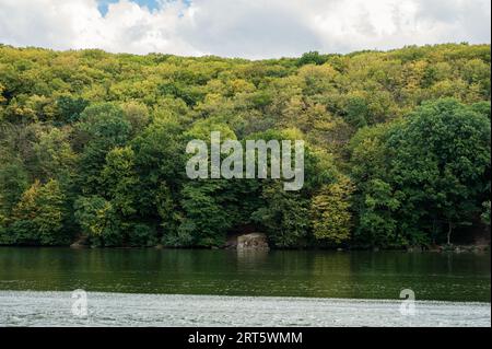 Rive pittoresque de la rivière qui est couverte d'arbres verts et jaunes luxuriants de fin d'été ou d'automne. Beau paysage pour papier peint. Ukraine, Vinnytsia Banque D'Images