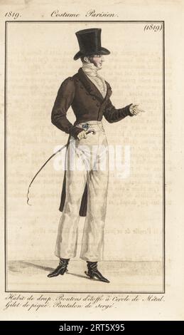 Dandy français en top Hat, manteau en laine avec boutons ronds en métal recouvert de tissu, gilet côtelé, pantalon serge, habit de drap, boutons d'etoffe a cercle de Metal, gilet de piqué, pantalon de serge. Gravure sur cuivre coloriée à la main d’après une assiette mode de Louis Marie Lante du Journal des Dames et des modes de Pierre de la Mesangere, Magazine des femmes et de la mode, Paris, 1819. Banque D'Images