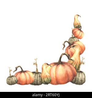 Cadre de coin de citrouilles d'automne récolte de légumes d'automne. Illustration d'aquarelle isolée sur fond blanc pour votre halloween, Thanksgiving Banque D'Images