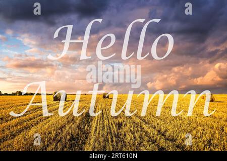 Les mots Bonjour automne sur le fond de champ avec des meules de foin dorées. Carte de voeux. Le concept du début de la saison d'automne. Banque D'Images