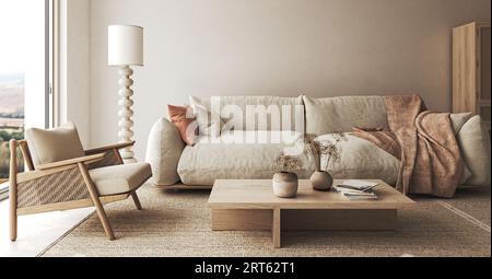 Salon beige Boho avec plante sèche et arrière-plan vue sur la montagne. Intérieur naturel japonais moderne et léger. rendu 3d. Illustration 3D de haute qualité Banque D'Images