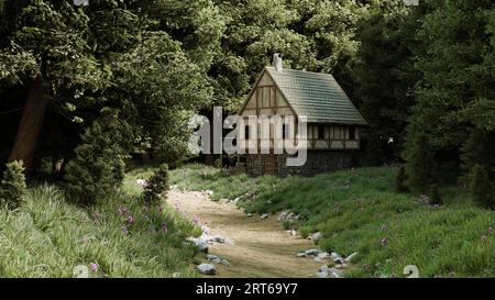 Maison médiévale solitaire dans les bois près du sentier entouré d'arbres, de pins et de sapins, paysage. rendu 3d. Banque D'Images