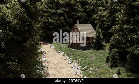 Maison médiévale solitaire dans les bois près du sentier entouré d'arbres, de pins et de sapins, paysage. rendu 3d. Banque D'Images