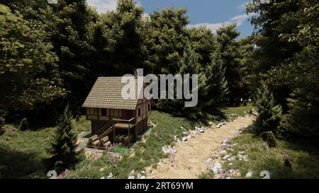 Maison médiévale solitaire dans les bois près du sentier entouré d'arbres, de pins et de sapins, paysage. rendu 3d. Banque D'Images