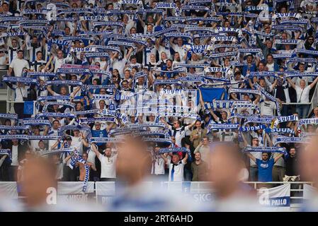 Septembre 10 2023 : . Supporters finlandais lors d'un match de qualification du Groupe H EURO 2024, Finlande contre Danemark , au stade olympique d'Helsinki, Finlande. Kim Price/CSM Banque D'Images