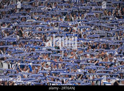 Septembre 10 2023 : . Supporters finlandais lors d'un match de qualification du Groupe H EURO 2024, Finlande contre Danemark, au stade olympique d'Helsinki, Finlande. Kim Price/CSM Banque D'Images