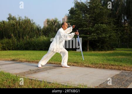 Comté de Luannan - 10 août 2017 : artiste martial chinois pratiquant l'épée Taiji dans un parc, comté de Luannan, province du Hebei, chine. Banque D'Images