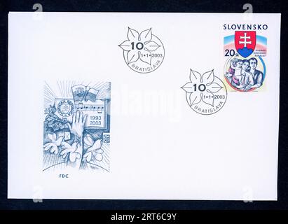 10e anniversaire de la République slovaque. Enveloppe premier jour d'émission et timbre-poste émis en Slovaquie en 2003. Banque D'Images
