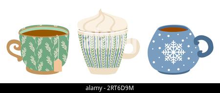 Trois tasses de boissons réchauffantes. Ensemble d'illustrations vectorielles plates isolées sur blanc. Chocolat chaud d'hiver, café, boisson de cacao dans des tasses avec Noël Illustration de Vecteur