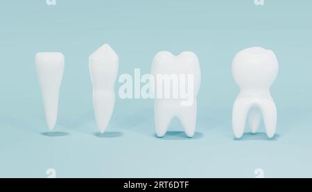 Types de dents dents dents isolées sur fond bleu. illustration 3d. Banque D'Images