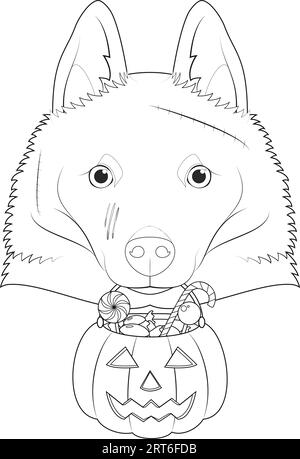 Carte de voeux Halloween pour colorier. Chien Schipperke avec plusieurs cicatrices sur le visage et une citrouille avec des bonbons dans la bouche Illustration de Vecteur